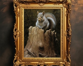 Squirrel Tree Trunk | Dark Cottagecore Print, Moody Woodland Art, Forestcore Oil Painting, Dark Room Decor, Animal Print, Digital Download