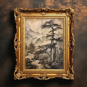 Scenic Landscape | Japanese Painting, Ink Art, Dark Academia, Antique Oil Painting, Vintage Design, Digital Download, Printable
