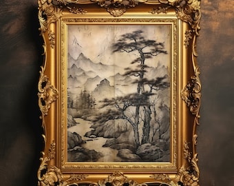 Paisaje escénico / Pintura japonesa, Arte en tinta, Academia oscura, Pintura al óleo antigua, Diseño vintage, Descarga digital, Imprimible