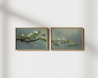 Vintage Bird Landscape Tree Print SET | Moody Antique Oil Paintings, Set of TWO Gallery Wall Art, Nursery Decor, Digital Download, PRINTABLE