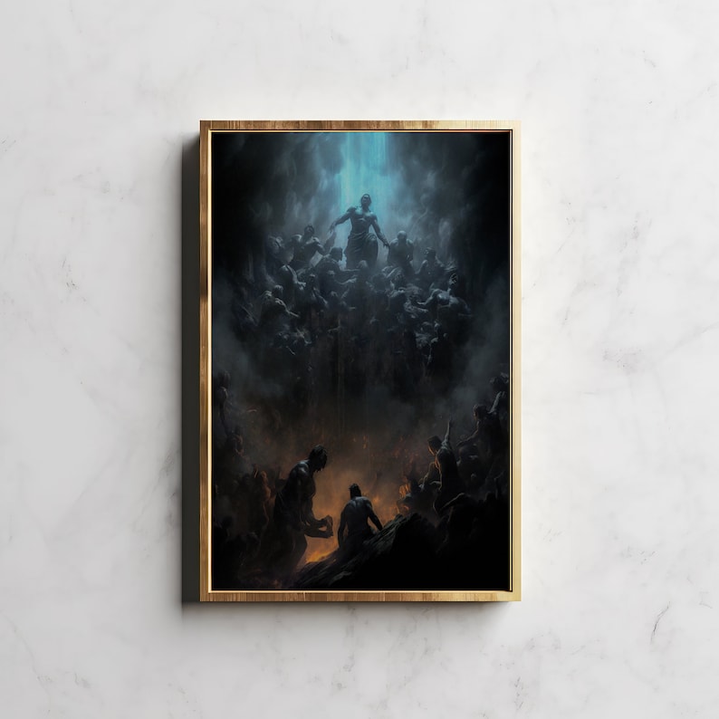 Puede incluir: Una impresi&oacute;n de arte fant&aacute;stico enmarcada que representa una escena oscura y sombr&iacute;a con una figura de pie en una plataforma sobre una multitud de personas. La figura est&aacute; iluminada por una luz azul brillante, mientras que la multitud de abajo est&aacute; envuelta en la oscuridad. La escena est&aacute; llena de detalles y evoca una sensaci&oacute;n de misterio y poder.