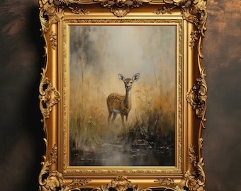 Deer Marsh | Cottagecore Prints, Fall Home Decor, Oil Painting Aesthetic, Moody Nature Wall Art, Dark Academia, Digital Download, Printable