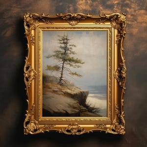 Solitude by the Sea | Lone Pine Tree on Ocean Cliff, Vintage Sea Painting, Moody Wall Art, Rustic Decor, Coastal Landscape, Digital Download