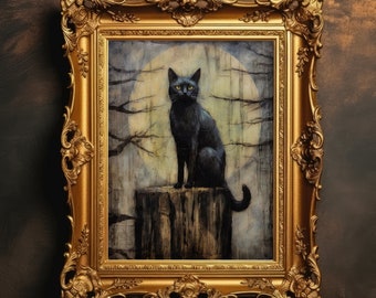 Black Cat | Witchy Wall Art Print, Vintage Dark Print, Moody Decor Prints, Gothic Victorian Art, Dark Aesthetic, Digital Download, Printable