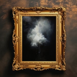 May include: A framed painting of a dramatic, dark sky with a single, large, white cloud that appears to be raining. The frame is ornate and gold.