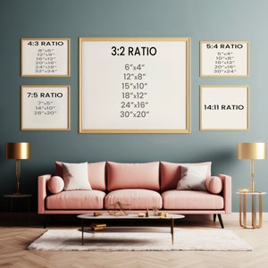 Puede incluir: Un gr&aacute;fico que muestra diferentes relaciones de aspecto para obras de arte enmarcadas, con medidas en pulgadas. El gr&aacute;fico se muestra en una pared de color verde azulado con un sof&aacute; rosa y una mesa de caf&eacute; en frente.