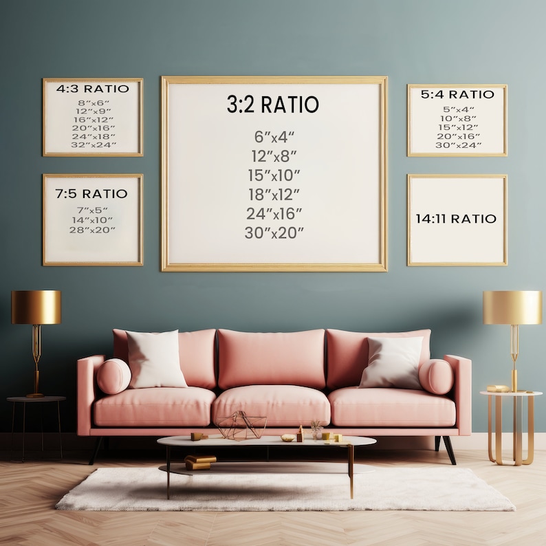 Puede incluir: Un gr&aacute;fico que muestra diferentes relaciones de aspecto para obras de arte enmarcadas, con medidas en pulgadas. El gr&aacute;fico se muestra en una pared de color verde azulado con un sof&aacute; rosa y una mesa de caf&eacute; en frente.