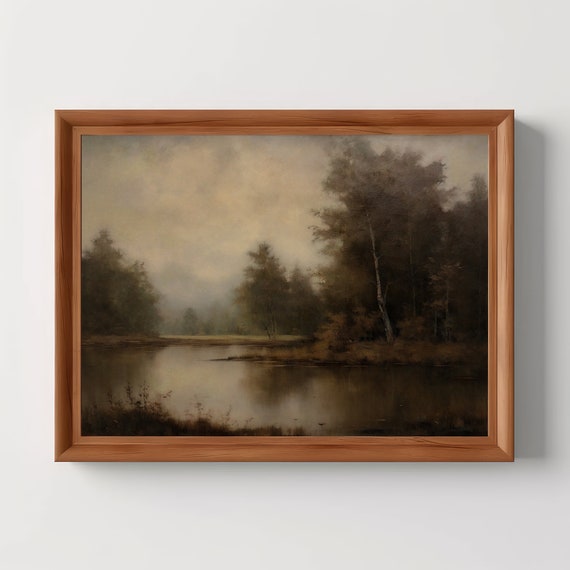 Lake Forest Landscape | Moody Wall Art, Earth Tone Decor, Vintage Antique Oil Painting, Country House, Digital Download, Printable