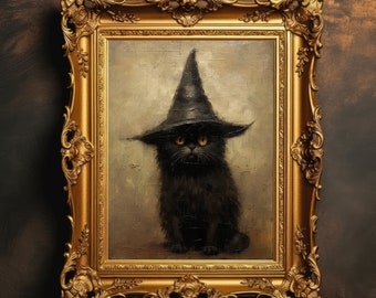 Cat Witch Hat | Halloween Decor, Dark Academia, Antique Oil Painting, Vintage Aesthetic, Macabre Wall Art, Digital Download, Printable