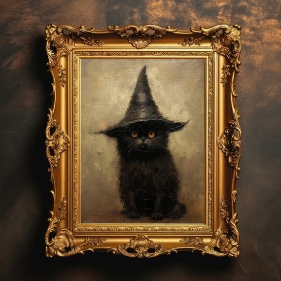 Cat Witch Hat | Halloween Decor, Dark Academia, Antique Oil Painting, Vintage Aesthetic, Macabre Wall Art, Digital Download, Printable