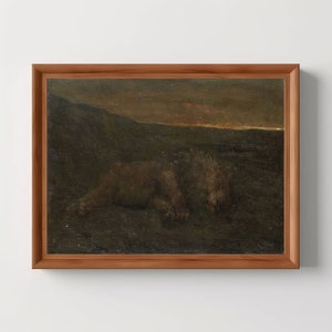 Sleeping Lion | Antique Oil Painting, Vintage Animal Wall Art, Dark Academia, Moody Home Decor, Digital Download, Printable