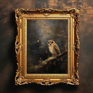 Búho cambiante encaramado / Paisaje forestal, Academia oscura, Pintura vintage, Arte de aves finas, Decoración de habitación gótica, Descarga digital, IMPRIMIBLE