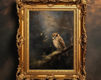 Moody Owl Perched | Forest Landscape, Dark Academia, Vintage Painting, Fine Bird Art, Gothic Room Decor, Digital Download, PRINTABLE