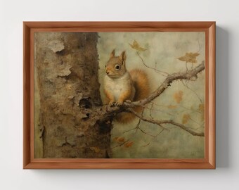 Squirrel On Branch | Tree Painting, Cottagecore Print, Forest Decor, Moody Wall Art, Vintage Oil Painting, Digital Download, PRINTABLE
