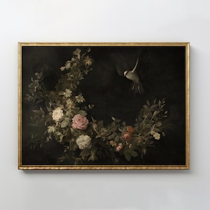 Dark Botanical Bird Art Print | Dark Academia, Vintage Oil Painting, Classical Still Life, Moody Wall Art, Digital Download, PRINTABLE
