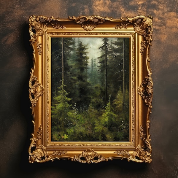 Evergreen Tree Forest | Farmhouse Decor, Vintage Wall Art, Dark Green Aesthetic, Dark Academia, Antique Oil Painting, Digital Download