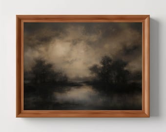 Rustic Moody Landscape | Vintage Trees Painting, Farmhouse Art Print, Dark Clouds Wall Art, Antique Room Decor, Digital Download, Printable