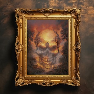 May include: A painting in a gold frame depicts a scene of a forest fire with smoke and flames. The painting is set against a dark brown background.