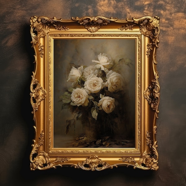 Roses éthérées | Nature morte de fleurs antiques, Moody Floral Print, Dark Academia Decor, Art mural imprimable, Dark Cottagecore, Téléchargement numérique