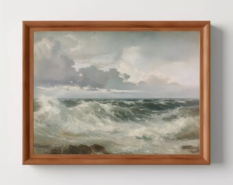 Coastal Waves | Muted Green Tone, Nautical Ocean Landscape, Moody Wall Art, Seaside Print, Beach House, Digital Download, Printable