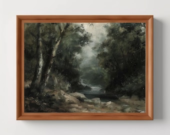 Woodland Stream | Dark Forest Landscape, Dark Academia, Vintage Oil Painting, Dark Cottagecore, Digital Download, PRINTABLE