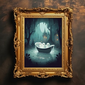 Cute Ghosts Bathtub | Halloween Decor, Ghost Bathroom Print, Dark Academia, Art Poster, Cute Spooky Wall Decor, Digital Download, Printable