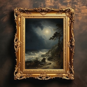Moonlit Coast | Dark Ocean Painting, Vintage Landscape, Dark Academia, Seaside Decor, Moody Wall Art, Digital Download, PRINTABLE