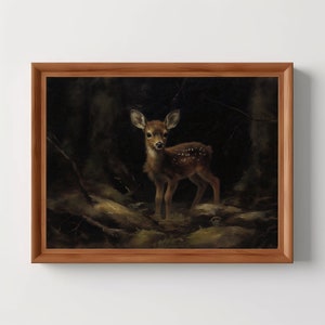 Baby Deer Forest Landscape | Fawn Wall Art, Woodland Animals, Rustic Cabin Decor, Dark Academia, Antique Oil Painting, Digital Download