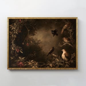 Gothic Birds Botanical Art | Dark Academia, Classical Romance, Vintage Nature Art, Moody Wall Art, Digital Download, PRINTABLE