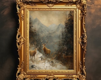 Rustic Deer Painting | Snow Mountains, Vintage Print, Landscape Painting, Cabin Decor, Printable, Dark Academia, Digital Download