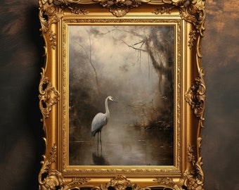 Kraanvogellandschap | Vogelprint, vintage dierenkunst, donkere academische wereld, humeurige muurkunst, antiek olieverfschilderij, digitale download, afdrukbaar