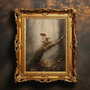Woodland Mushrooms | Dark Academia, Vintage Forest Painting, Witchy Wall Art, Antique Oil Painting, Moody Print, Digital Download, PRINTABLE