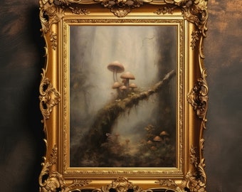 Woodland Mushrooms | Dark Academia, Vintage Forest Painting, Witchy Wall Art, Antique Oil Painting, Moody Print, Digital Download, PRINTABLE