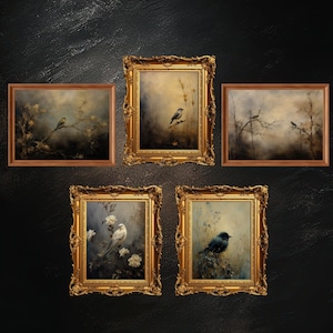 Vintage Bird Print Set | Wall Art Set of 5, Gallery Wall Prints, Dark Moody Wall Art, Antique Oil Painting, Digital Download, Printable