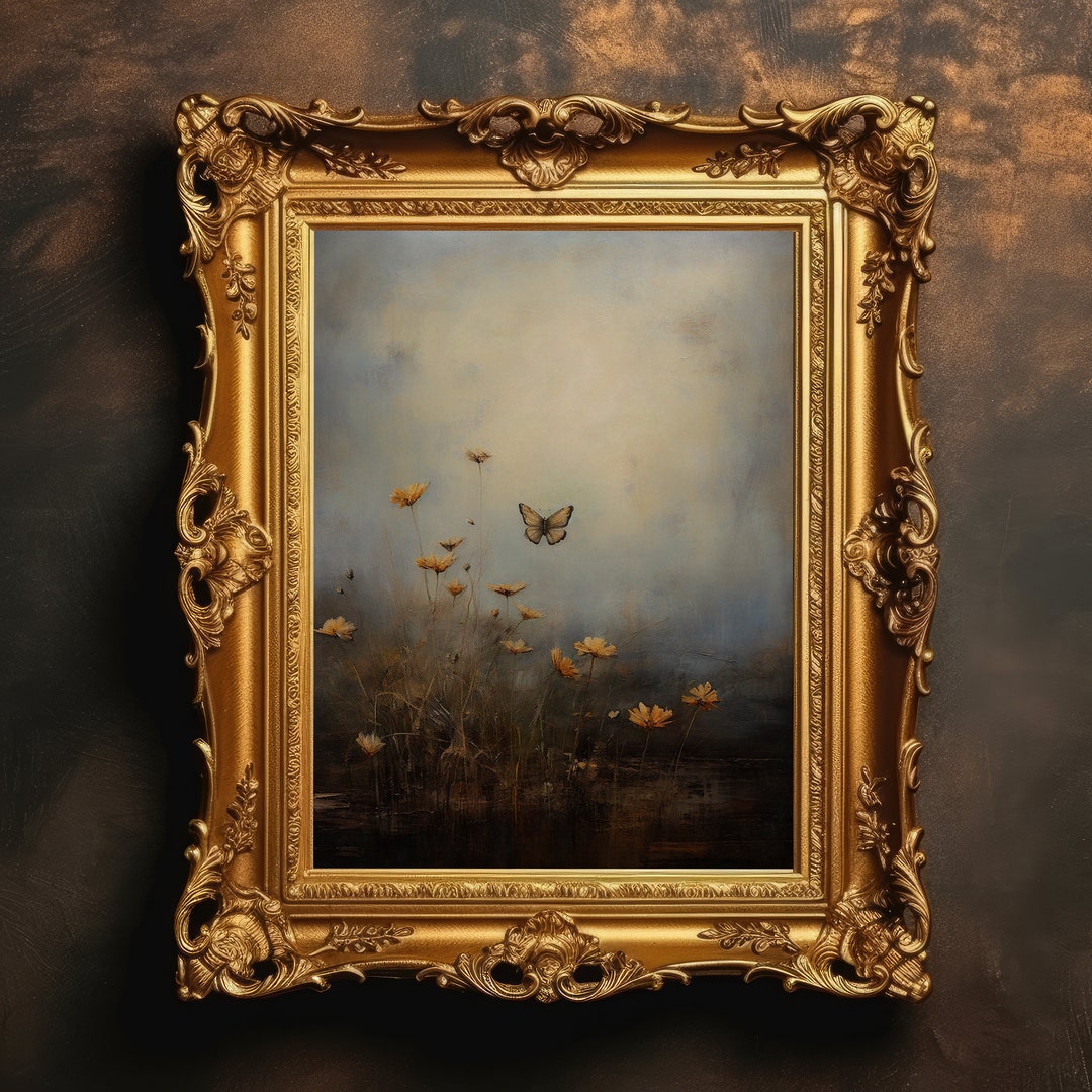Butterfly Wildflowers | Vintage Flower Art, Antique Oil Painting, Dark ...