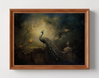 Peacock | Victorian Wall Art, Dark Academia, Dark Cottagecore Print, Vintage Aesthetic, Antique Oil Painting, Digital Download, Printable