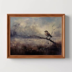 Vintage Bird Landscape | Antique Oil Painting, Moody Wall Art, Rustic Room Decor, Animal Dark Art, Digital Download, Printable