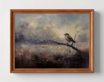 Vintage Bird Landscape | Antique Oil Painting, Moody Wall Art, Rustic Room Decor, Animal Dark Art, Digital Download, Printable