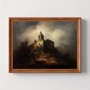 Church On Hill | Antique Oil Painting, Vintage Aesthetic, Dark Academia, Macabre Decor, Nature Landscape, Digital Download, Printable