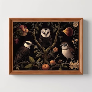 Gothic Owls | Dark Botanical Gothic Cottagecore Art, Moody Floral Painting, Dark Academia, Witchy Room Decor, Digital Download, PRINTABLE