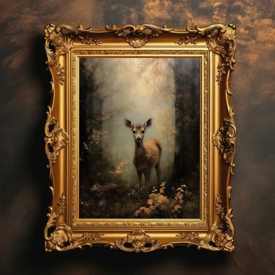 Fawn in Forest | Dark Academia, Baby Deer Wall Art, Woodland Painting ...