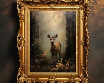 Fawn in Forest | Dark Academia, Baby Deer Wall Art, Woodland Painting, Farmhouse Aesthetic, Moody Printable, Printable Digital Download