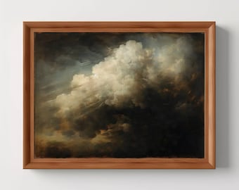 Peut inclure: Une peinture encadrée représentant un ciel orageux et dramatique avec de gros nuages blancs et moelleux sur un fond gris foncé.