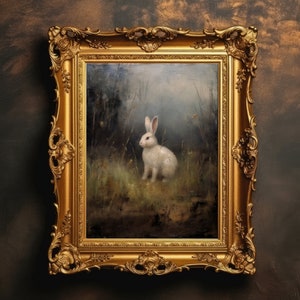 White Bunny Woods | Dark Academia, Dark Cottagecore Decor, Wild Hare Rabbit Painting, Farmhouse Room Decor, Animal Print, Digital Download
