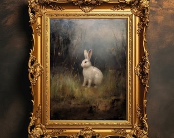 White Bunny Woods | Dark Academia, Dark Cottagecore Decor, Wild Hare Rabbit Painting, Farmhouse Room Decor, Animal Print, Digital Download