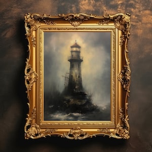 Lighthouse | Misty Seascape Oil Painting Print, Moody Coast Printable, Antique Vintage Painting, Coastal Wall Decor, Digital Download, Print
