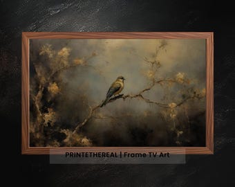 Solitary Bird Samsung Frame TV Art | Vintage Bird Landscape Painting, Moody Room Decor, Digital Download