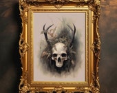 Gothic Skull | Cottagecore Print, Witchy Wall Art, Goblincore Aesthetic Oil Painting, Moody Vintage Poster, Digital Download, Printable