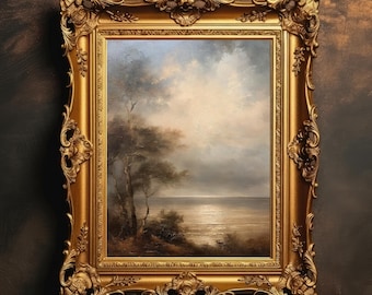 Rustic Coastal Art | Vintage Seaside Oil Painting, Moody Wall Art, Cloudy Landscape, Digital Download, PRINTABLE