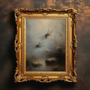 Dragonflies Pond | Dark Academia, Vintage Wall Art, Dark Cottagecore, Lake Landscape Oil Painting, Antique Aesthetic, Digital Download Print